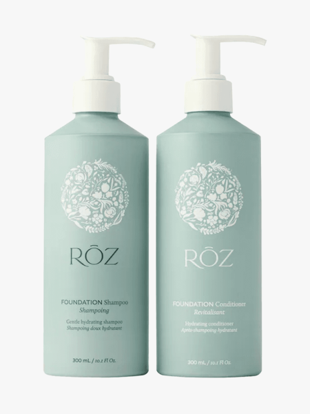 Rōz Foundation Shampoo and Conditioner in multiple branded components on a light gray background
